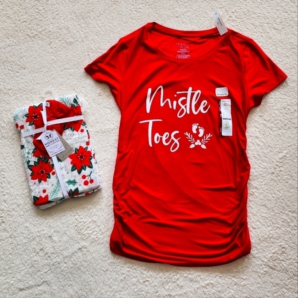 NWT Maternity Christmas top & newborn girl swaddle blanket + headpiece bundle